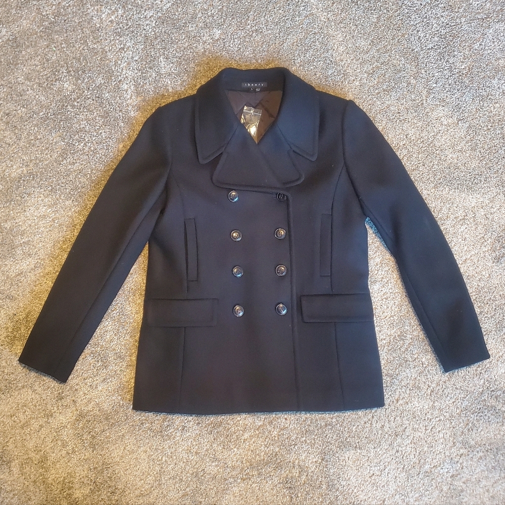 THEORY - NWT Rosey Double-Breasted Peacoat In "Black"